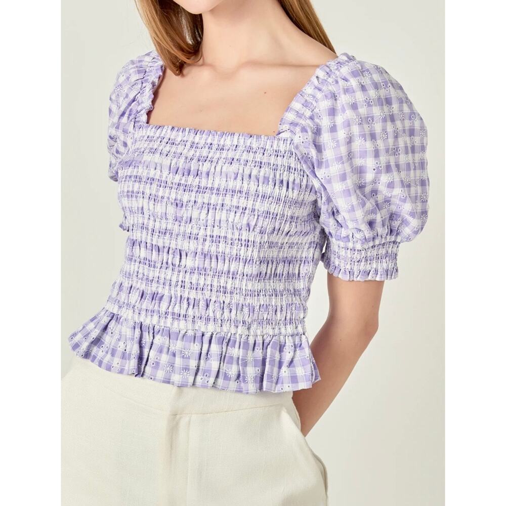 NWOT English Factory Smocked Gingham Puff Sleeve Blouse Square Neck Lavender XS